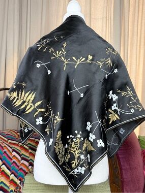 Vera Silk Scarf Black and Gold Botanical